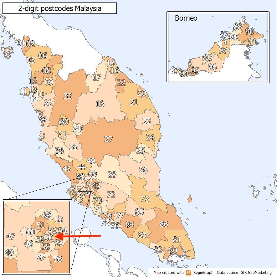 Mapa de códigos postales de Kuala Lumpur (KL)